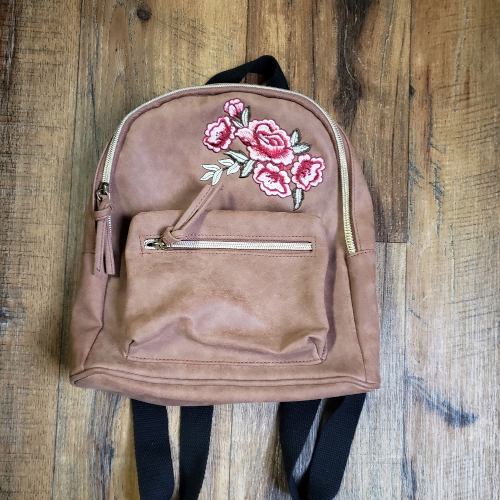 Floral Embroidered Faux Leather Mini Backpack